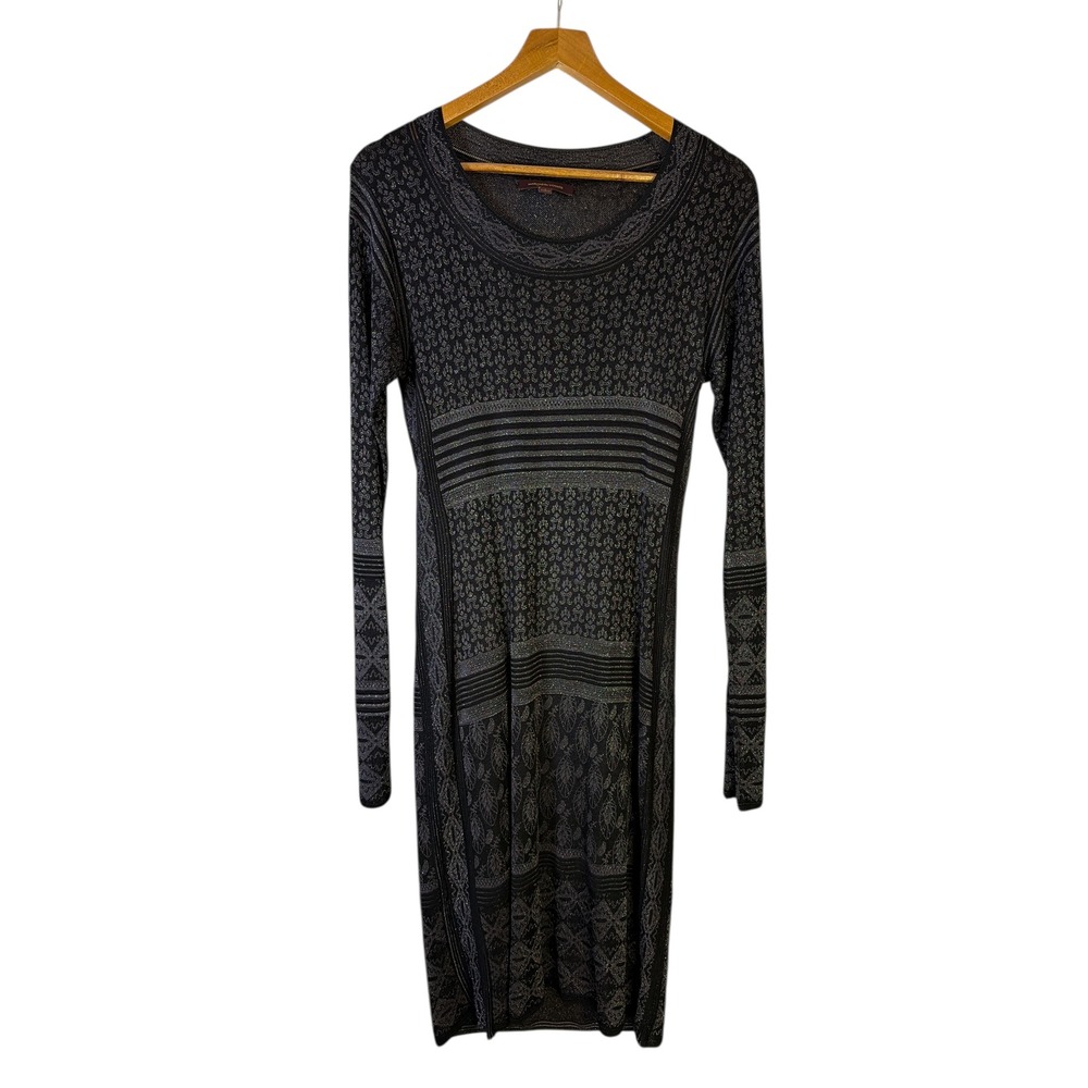 Marchesa Voyage Womens Black Silver Metallic Knit Sheath Dress Long Sleeve L